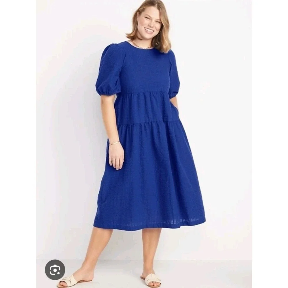 Old Navy Blue Puff Sleeve Tiered All Day Cottagecore Midi Swing Dress Size M - Picture 1 of 8